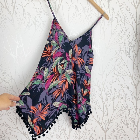 JAPNA Spaghetti Strap Floral Tank Top Pom Pom Trim - Picture 4 of 10